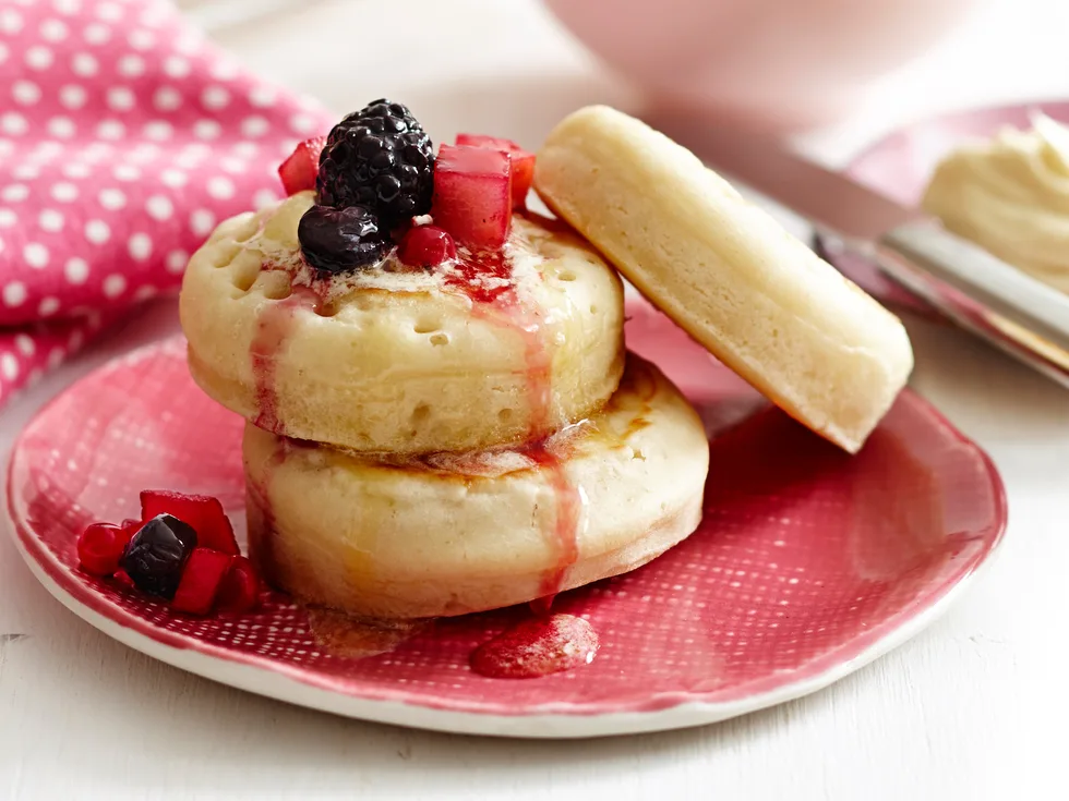 Crumpets with berry compote and whipped maple butter