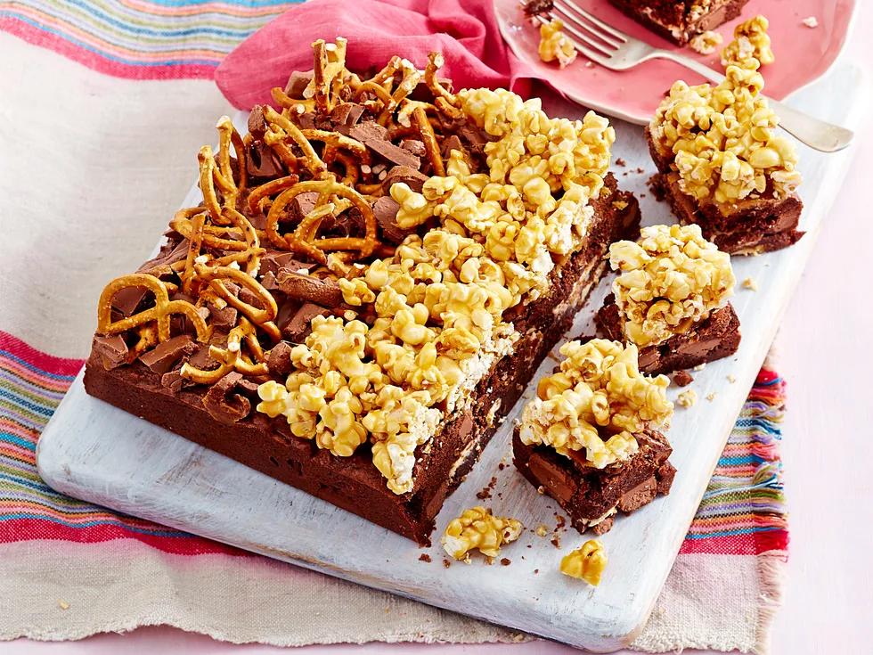 Popcorn and pretzel brownies