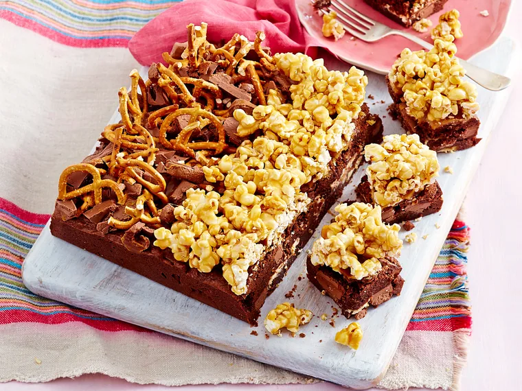 Popcorn and pretzel brownies