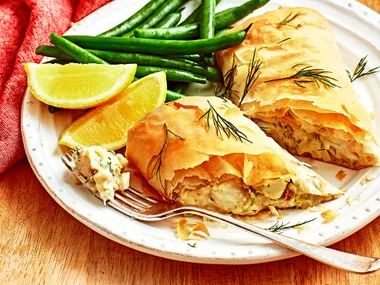 Creamy fish and leek filo parcels