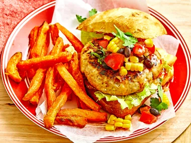 Chicken burgers with fresh corn salsa