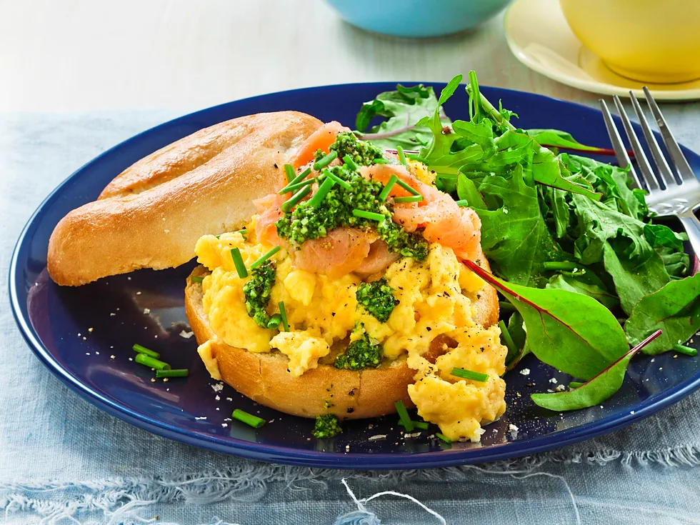Creamy scrambled egg and salmon bagels