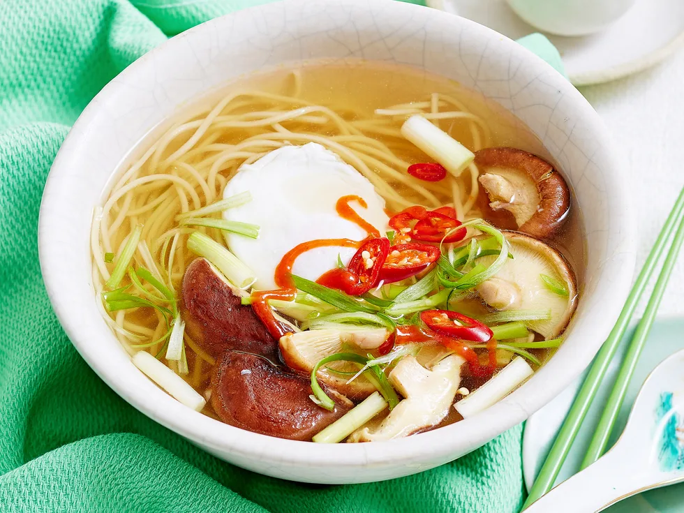 Mixed mushroom ramen bowl with egg