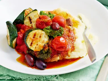 Lamb tray bake with pesto and olives