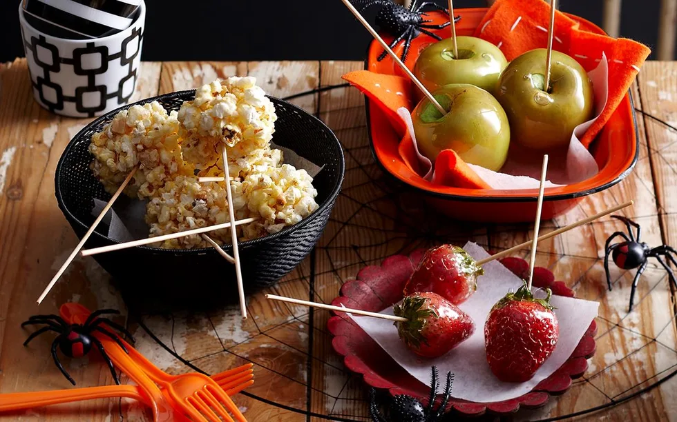 Toffee popcorn sticks & poison fruit skewers