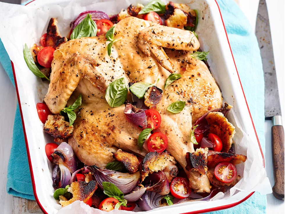 Roast chicken with sweet onion panzanella