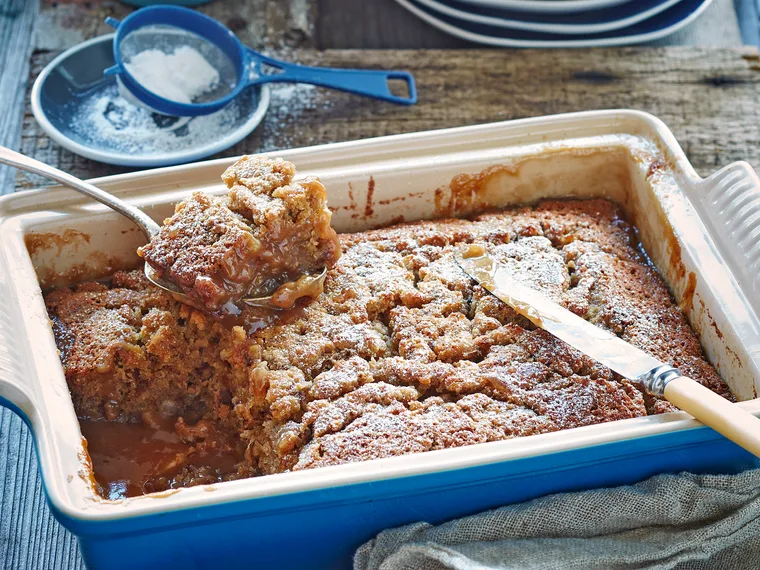 Self-saucing banana and pecan pudding