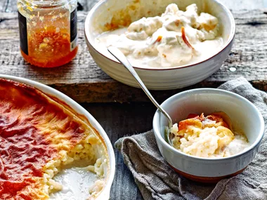 Rice pudding with marmalade ice cream