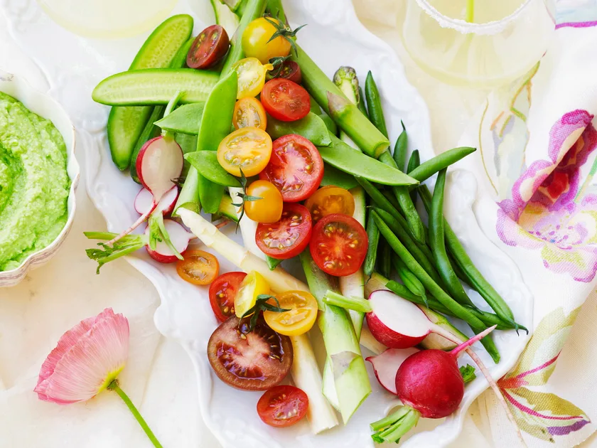 Vegetable crudité platter with pea and feta dip
