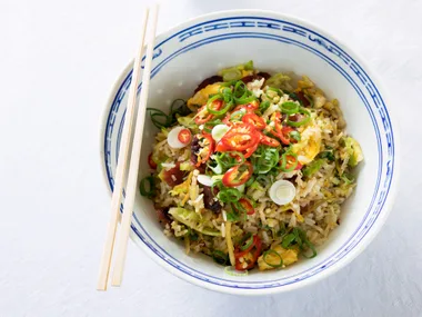 Fried rice with Chinese sausage and winter greens