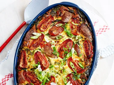 Sausage, tomato and spinach bake