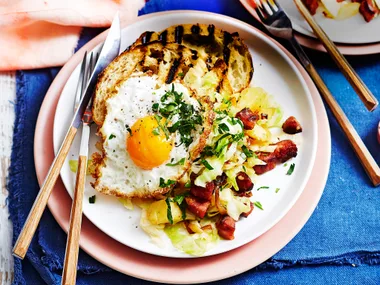 Chorizo hash with fried eggs