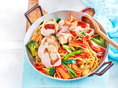Sesame-crusted pork and noodles