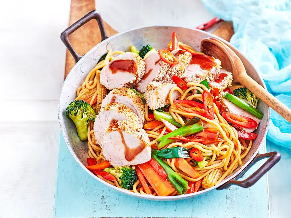 Sesame-crusted pork and noodles