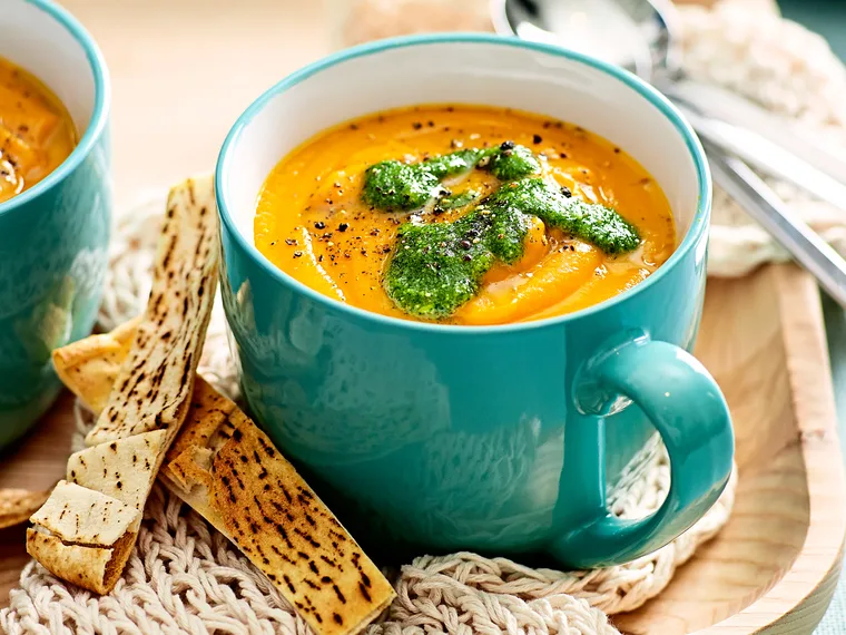 Roast carrot soup with coriander pesto
