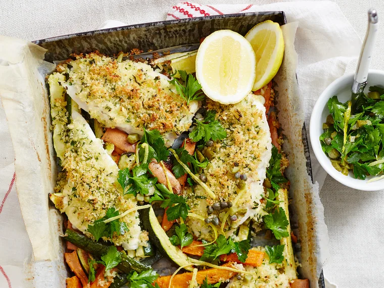 Crumbed fish ’n’ chip bake