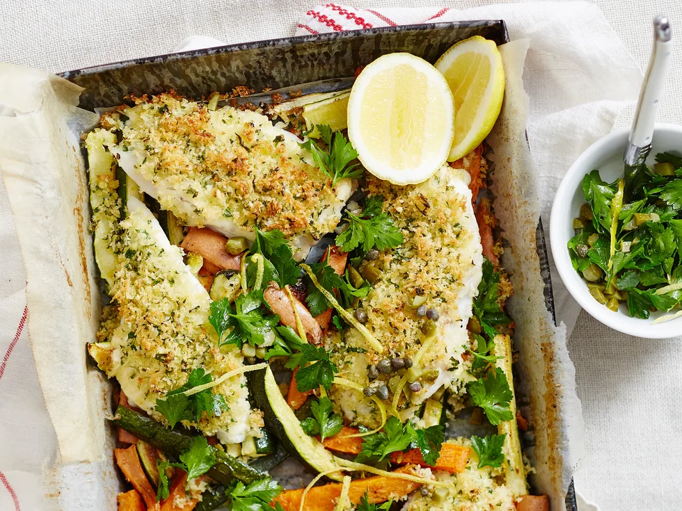 Crumbed fish ’n’ chip bake