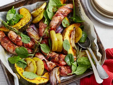 Sausage and bacon roast with mustard maple glaze