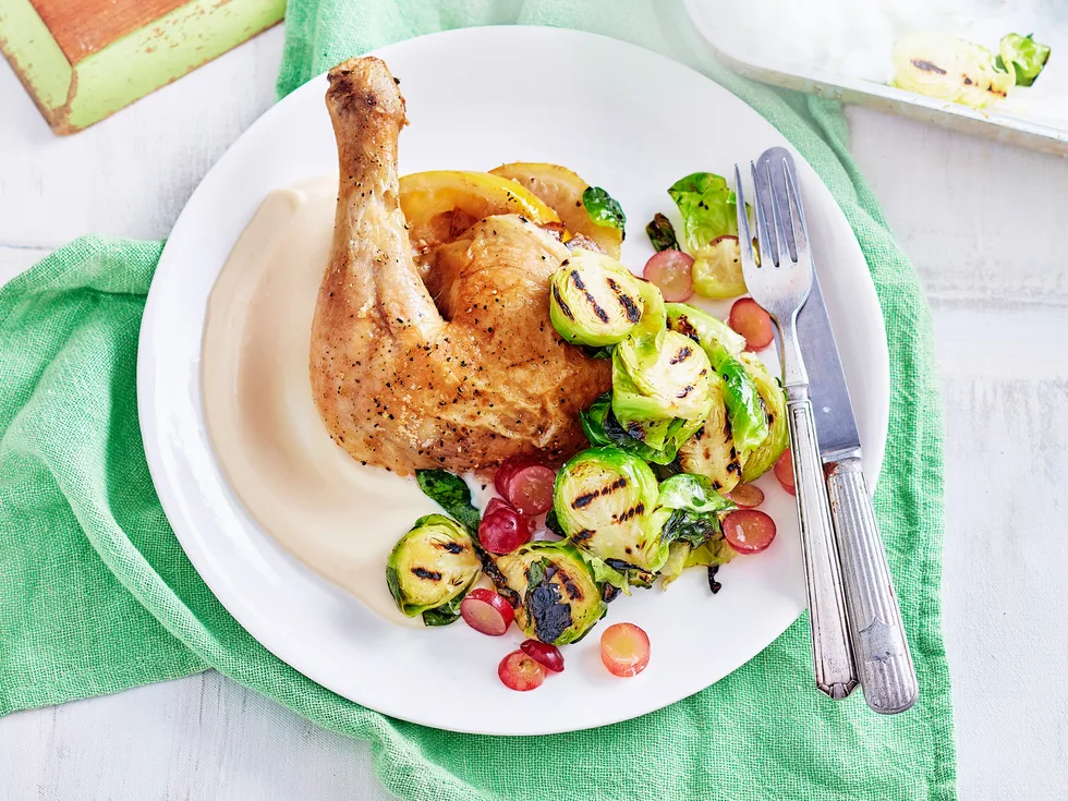Lemon chicken with Brussels sprouts and grape salad