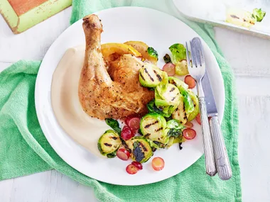 Lemon chicken with Brussels sprouts and grape salad