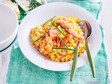 Turmeric risotto with fish and corn salsa