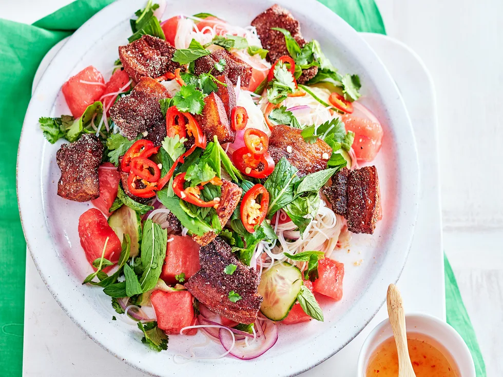 Crispy pork and watermelon salad