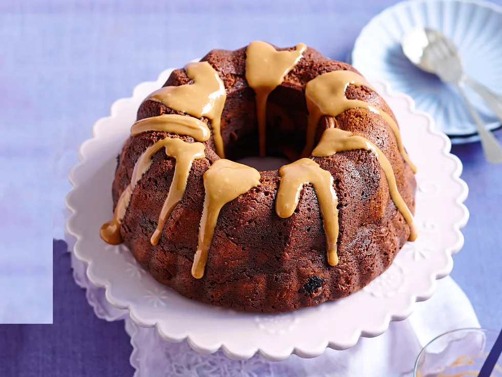 Warm caramel, chocolate and rhubarb swirl cake