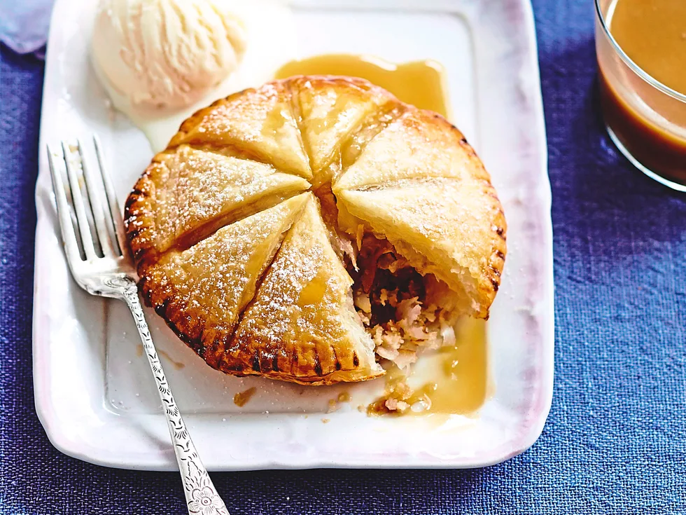 Pear and almond pithiviers with caramel brandy sauce