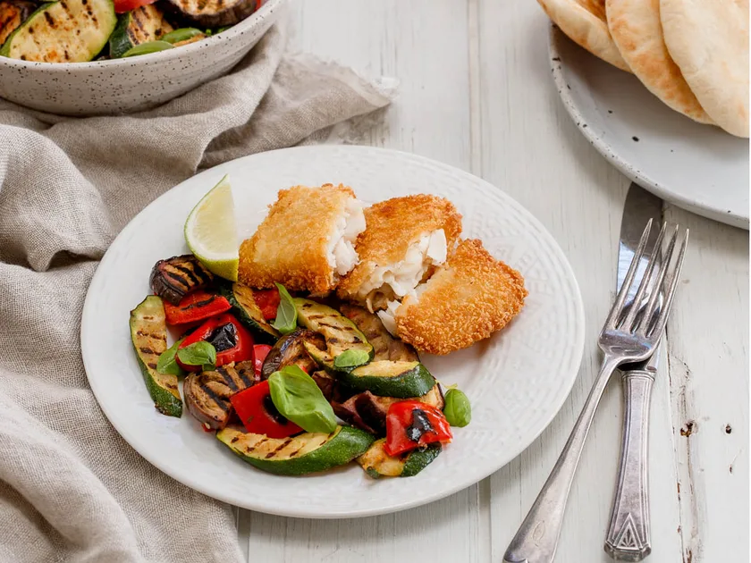 Fish with chargrilled vegetables and tzatziki
