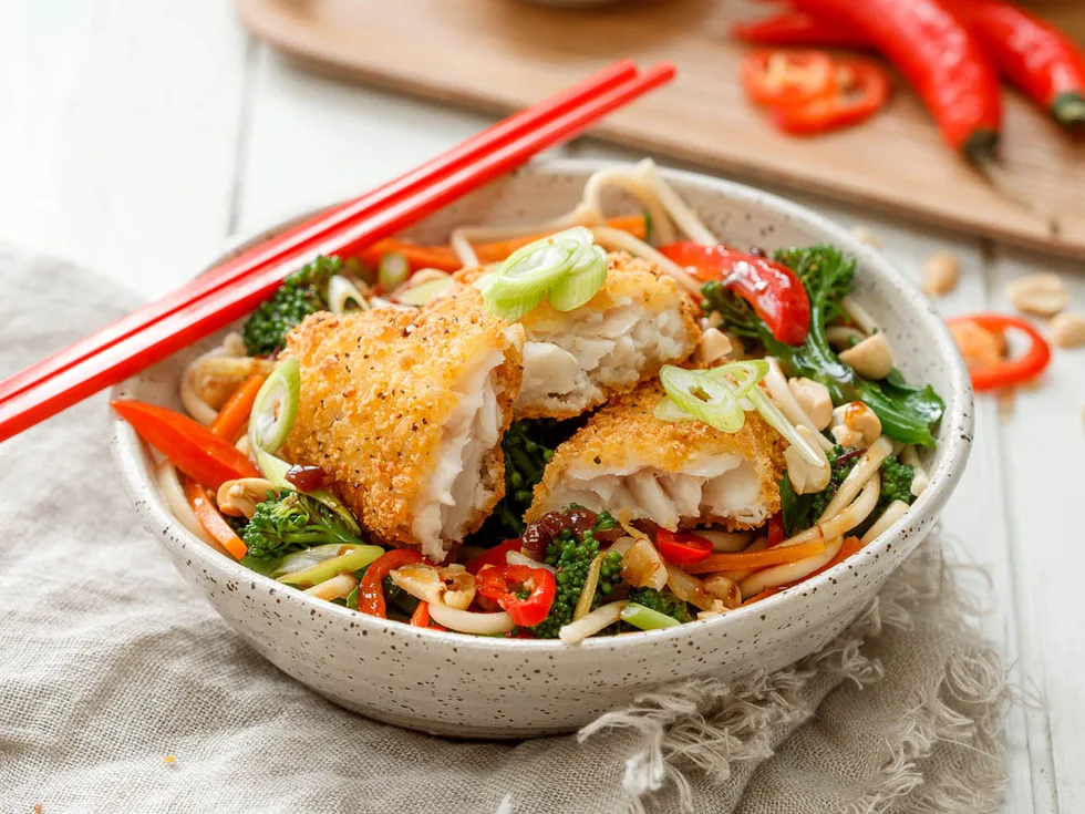 Fish with soy and ginger noodles