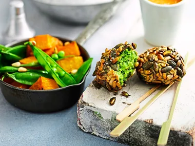 Seed-crusted pea falafels