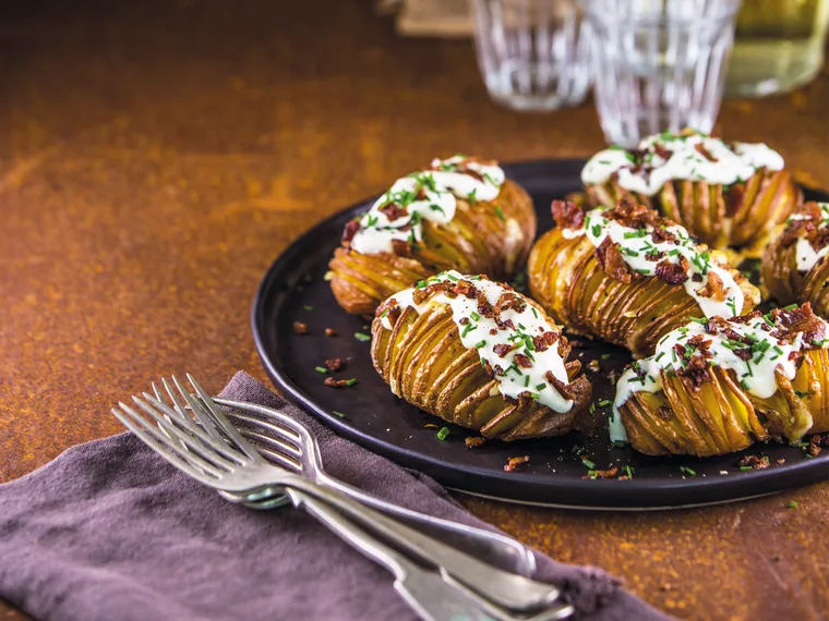 Bacon and cheese-stuffed hasselback potatoes