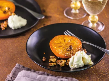 Grilled persimmons with vanilla mascarpone and candied walnuts