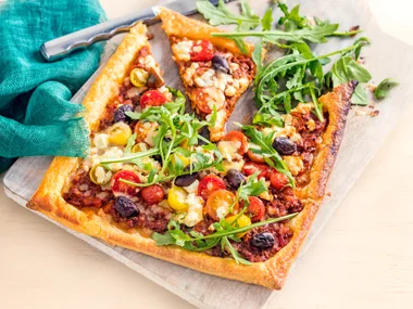 Bolognese, tomato and feta tart