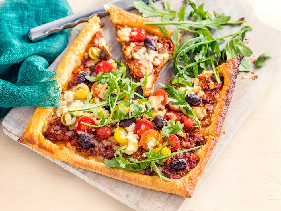 Bolognese, tomato and feta tart