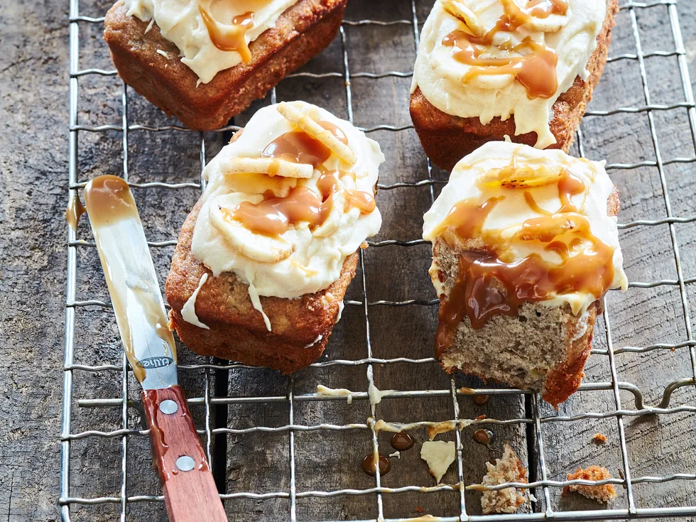 Banana loaves with salted caramel icing