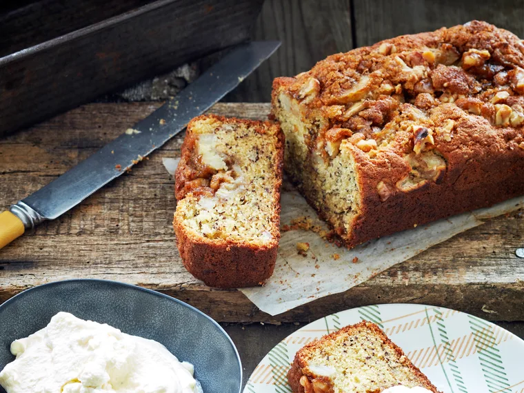 Banana cake with walnut toffee topping