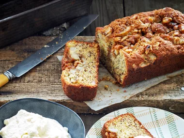 Banana cake with walnut toffee topping