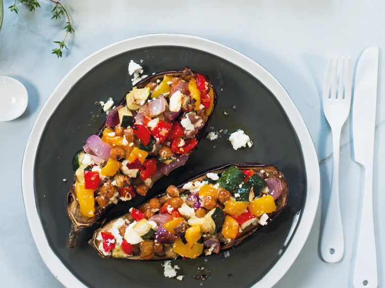 Roasted eggplant with chickpeas and feta