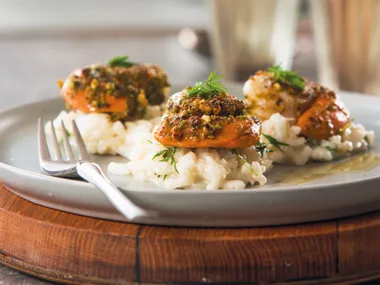 Seared pistachio nut scallops with lime and dill risotto