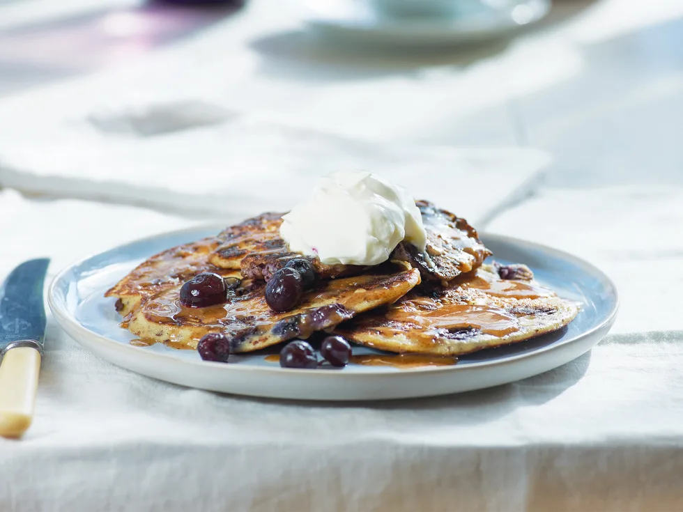 Ricotta almond pancakes with blueberries and yoghurt