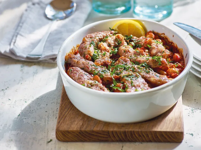 Rustic butter bean sausage bake