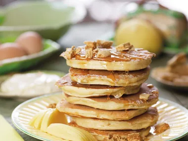 Pancake stack with manuka honey and hokey pokey