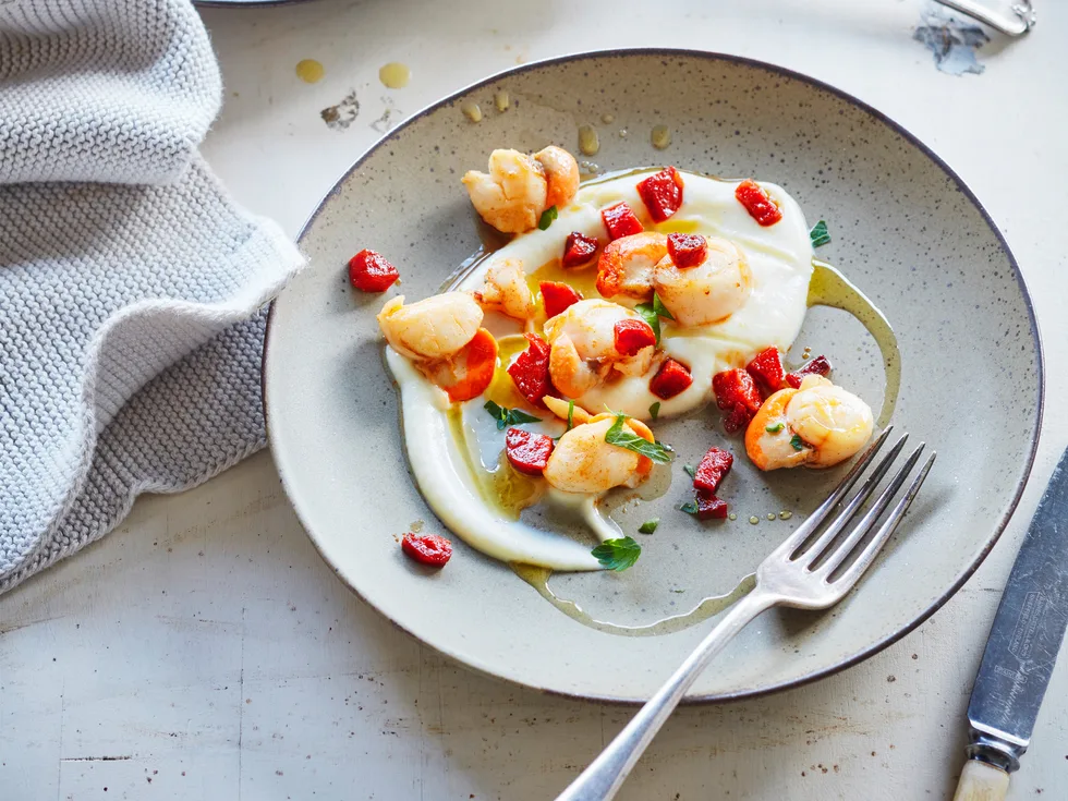 Pan-fried scallops with cauliflower purée and chorizo
