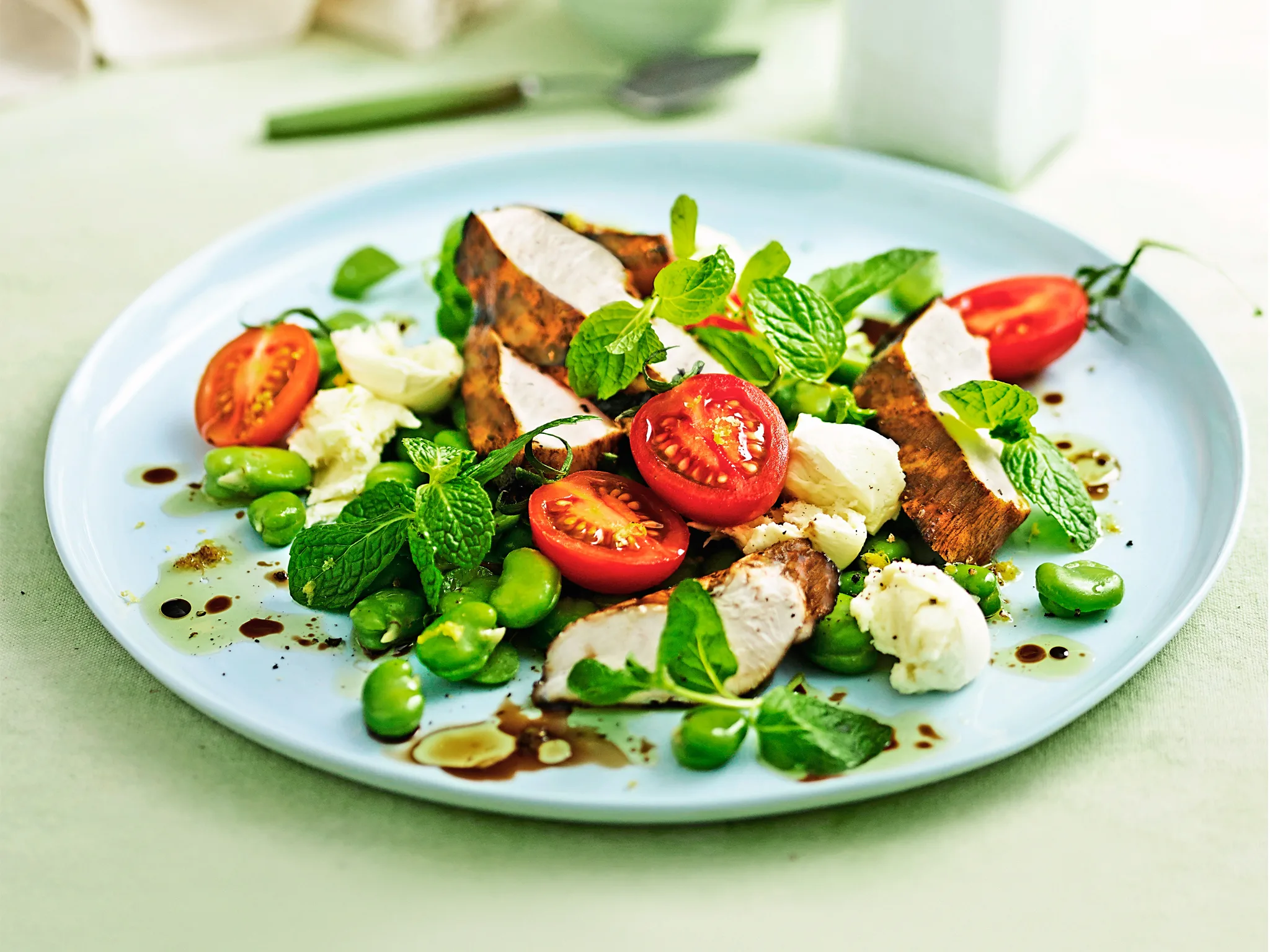 Grilled balsamic chicken with broad bean salad