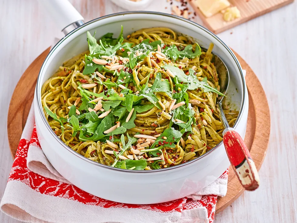 Linguine with rocket pesto, anchovy and chilli