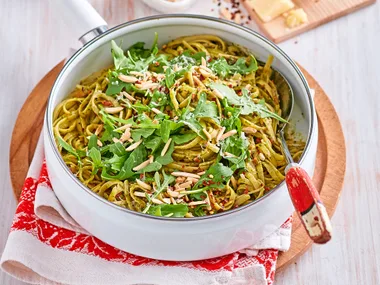 Linguine with rocket pesto, anchovy and chilli