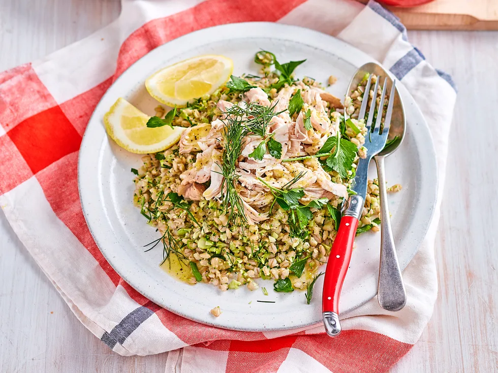 Green tea chicken with barley salad