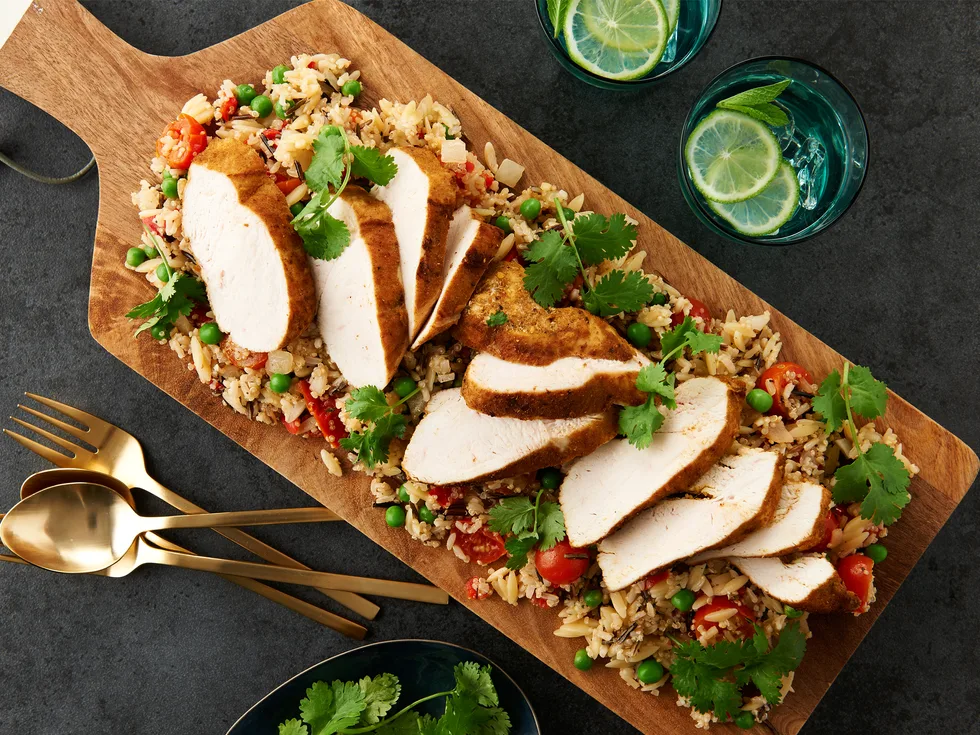 Moroccan spiced chicken with quinoa and brown rice