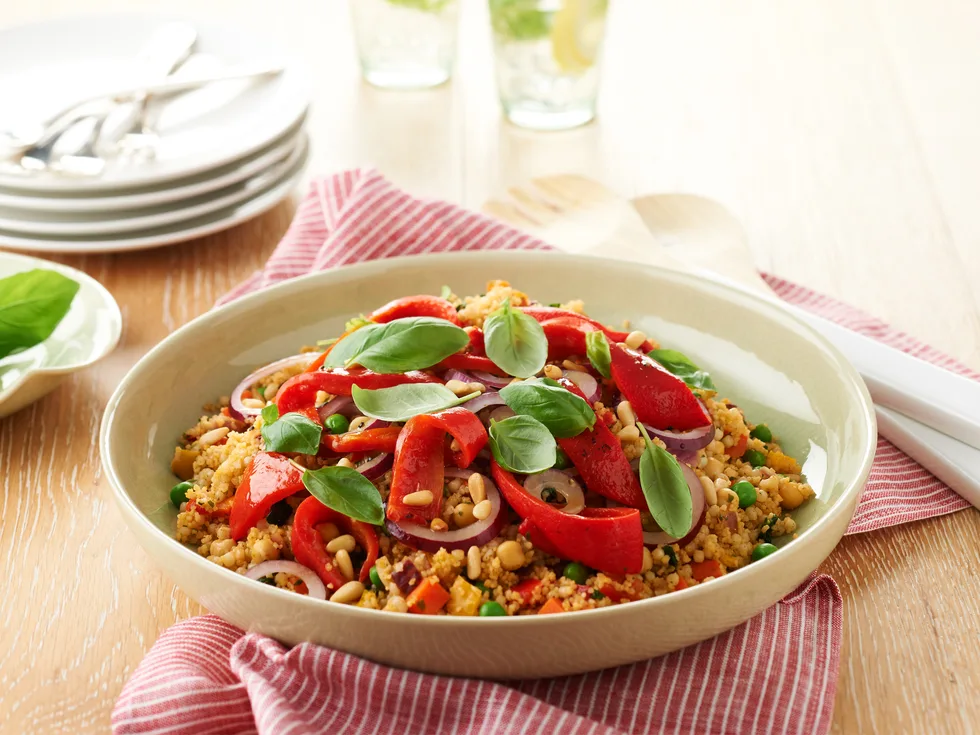 Pearl couscous with capsicum, red onion and pine nuts